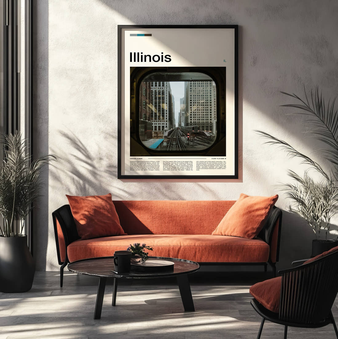 Illinois View From Train Window Travel Print framed on the wall of a modern living room