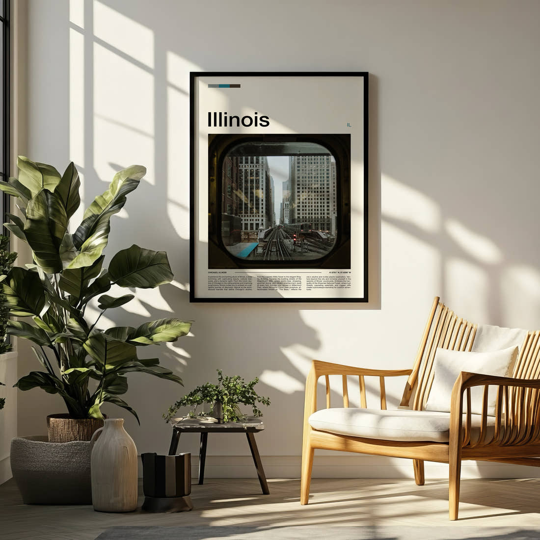Illinois View From Train Window Travel Print framed on a pale wall beside houseplants