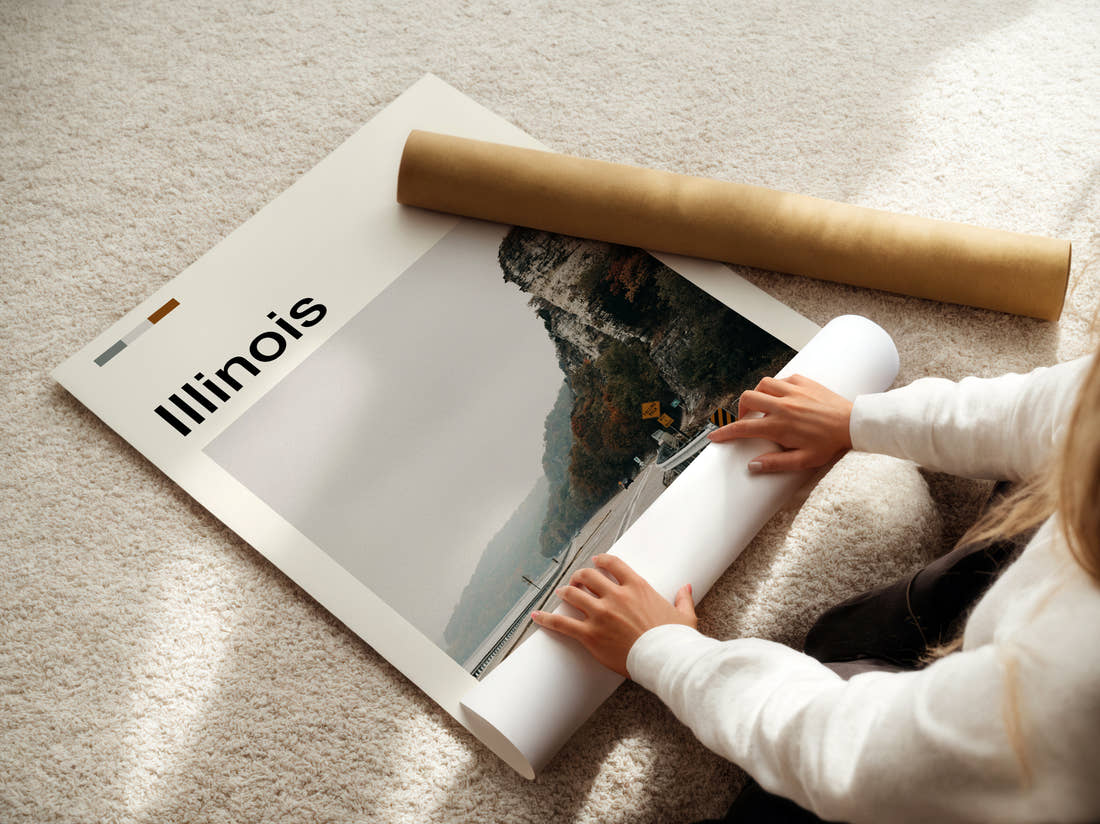 Illinois Road Beside Limestone Cliffs Travel Print being unrolled from its postal tube