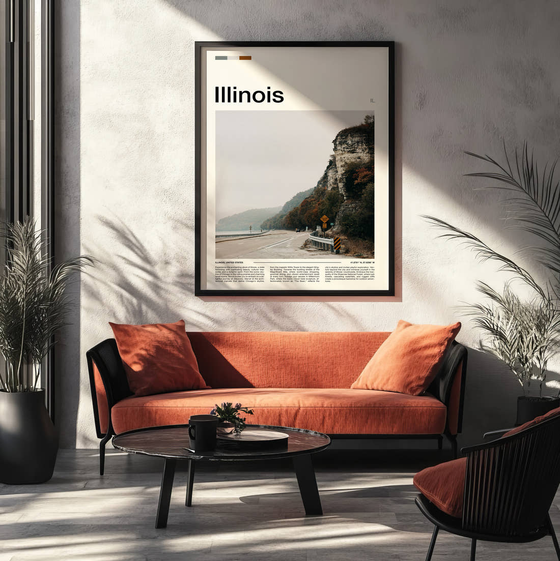 Illinois Road Beside Limestone Cliffs Travel Print framed on the wall of a modern living room
