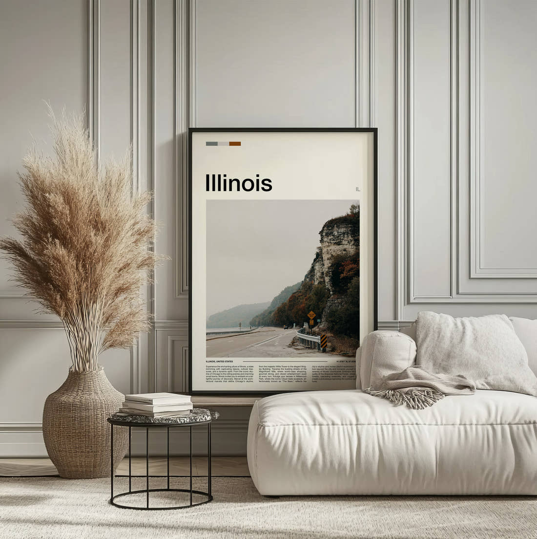 Illinois Road Beside Limestone Cliffs Travel Print framed on the wall of a calm, neutral bedroom