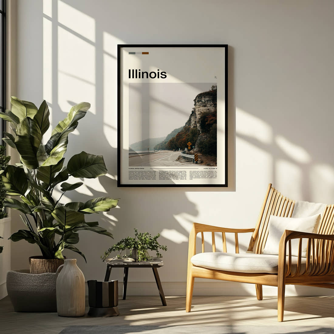 Illinois Road Beside Limestone Cliffs Travel Print framed on a pale wall beside houseplants