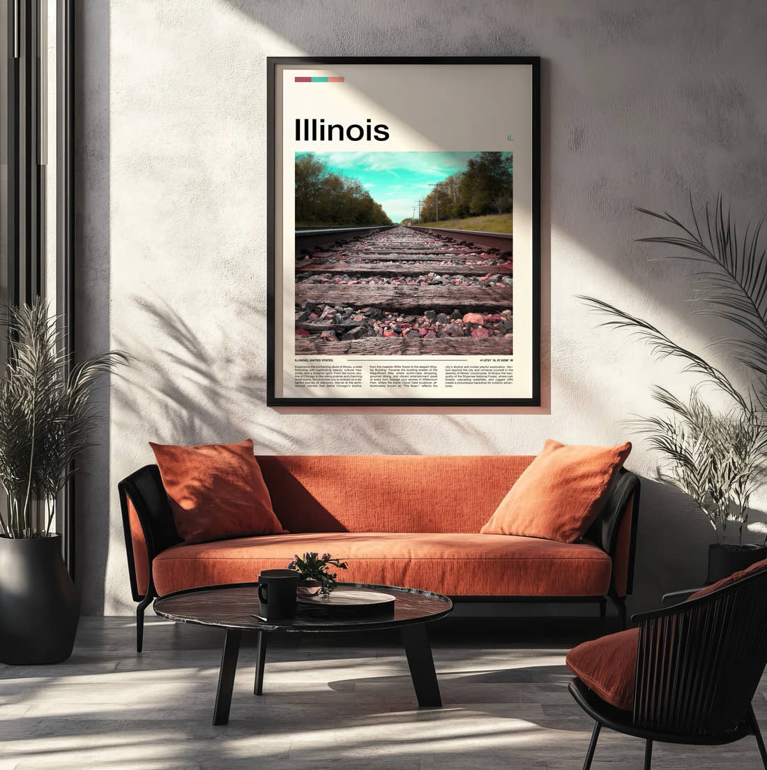 Illinois Railway Tracks Travel Print framed on the wall of a modern living room