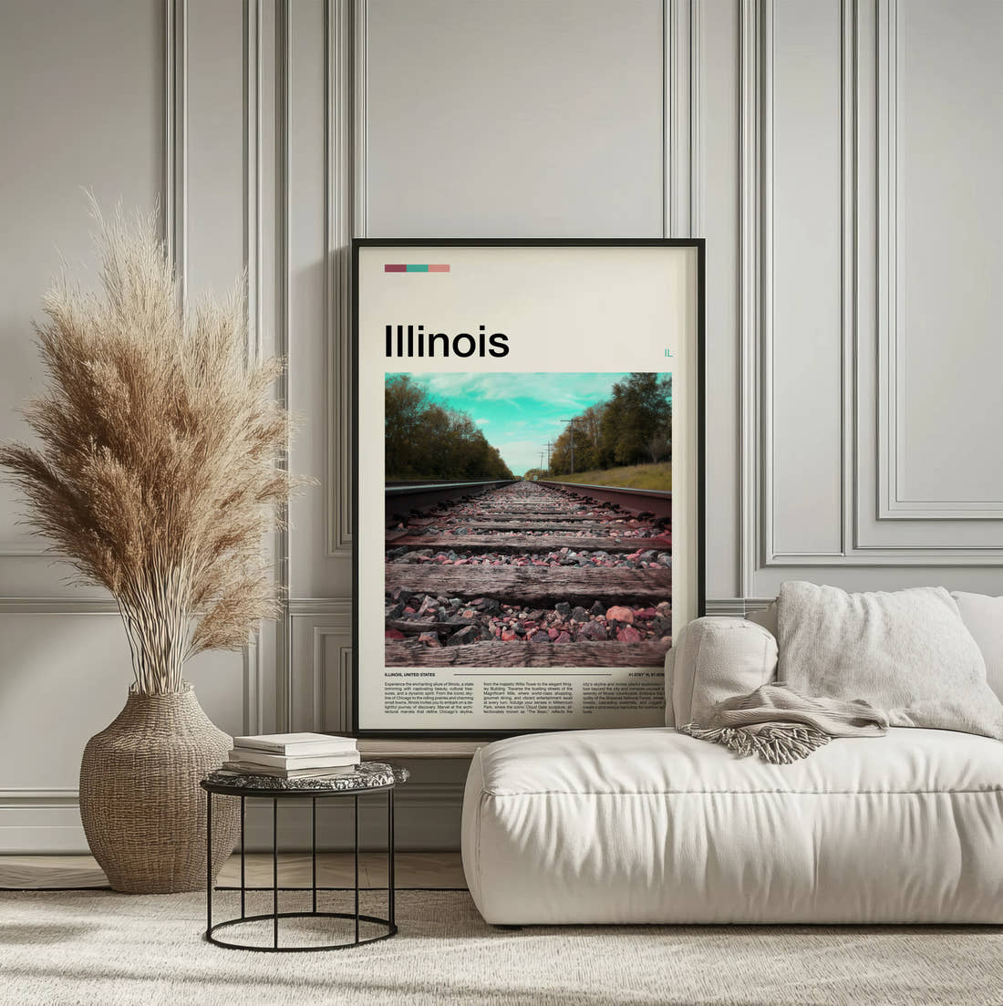 Illinois Railway Tracks Travel Print framed on the wall of a calm, neutral bedroom