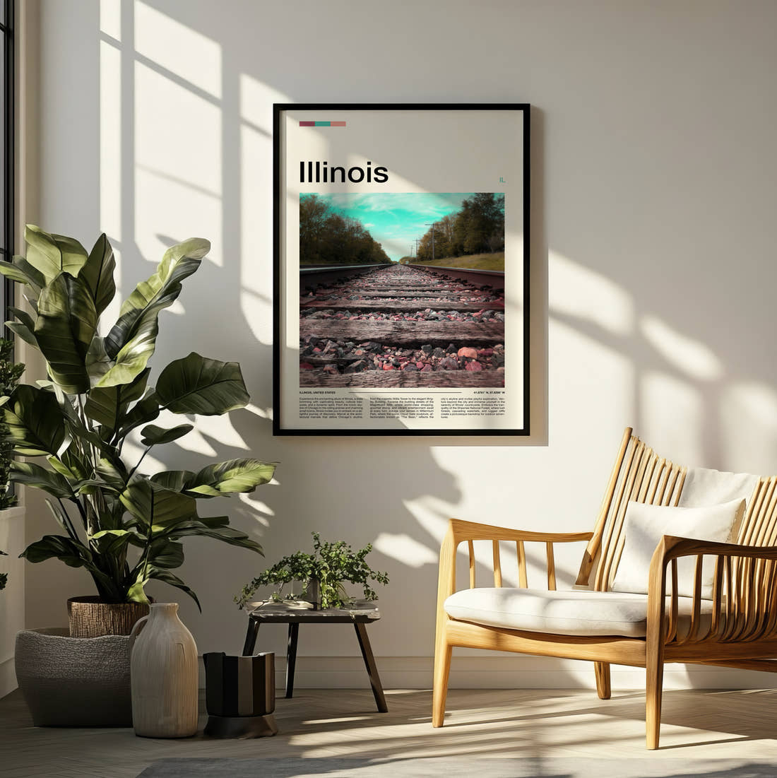 Illinois Railway Tracks Travel Print framed on a pale wall beside houseplants
