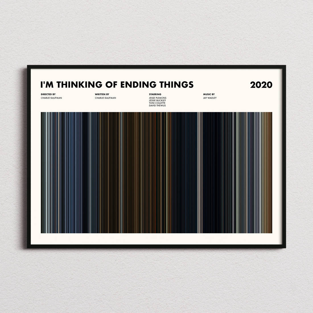 I'm Thinking Of Ending Things Movie Barcode Poster framed and photographed straight on