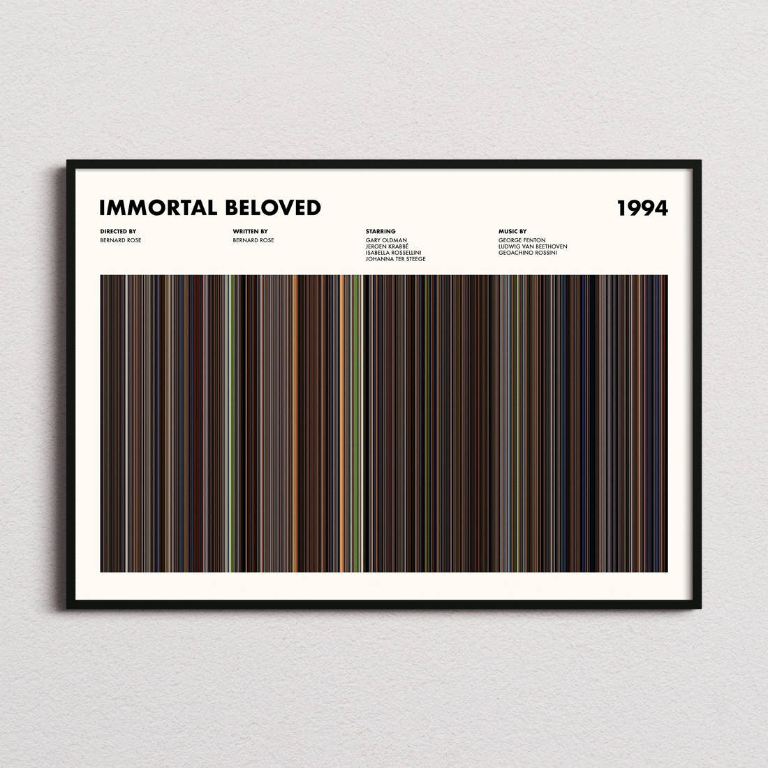 Immortal Beloved Movie Barcode Poster framed and photographed straight on