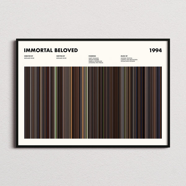 Immortal Beloved Movie Barcode Poster framed and photographed straight on