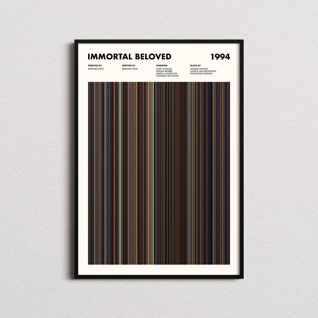 Immortal Beloved Movie Barcode Poster framed on a plain studio wall