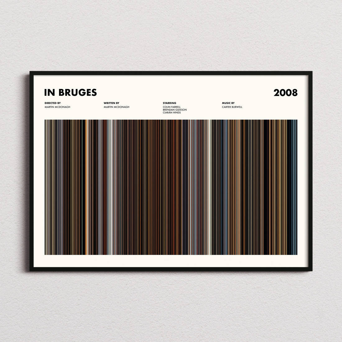 In Bruges Movie Barcode Poster framed and photographed straight on
