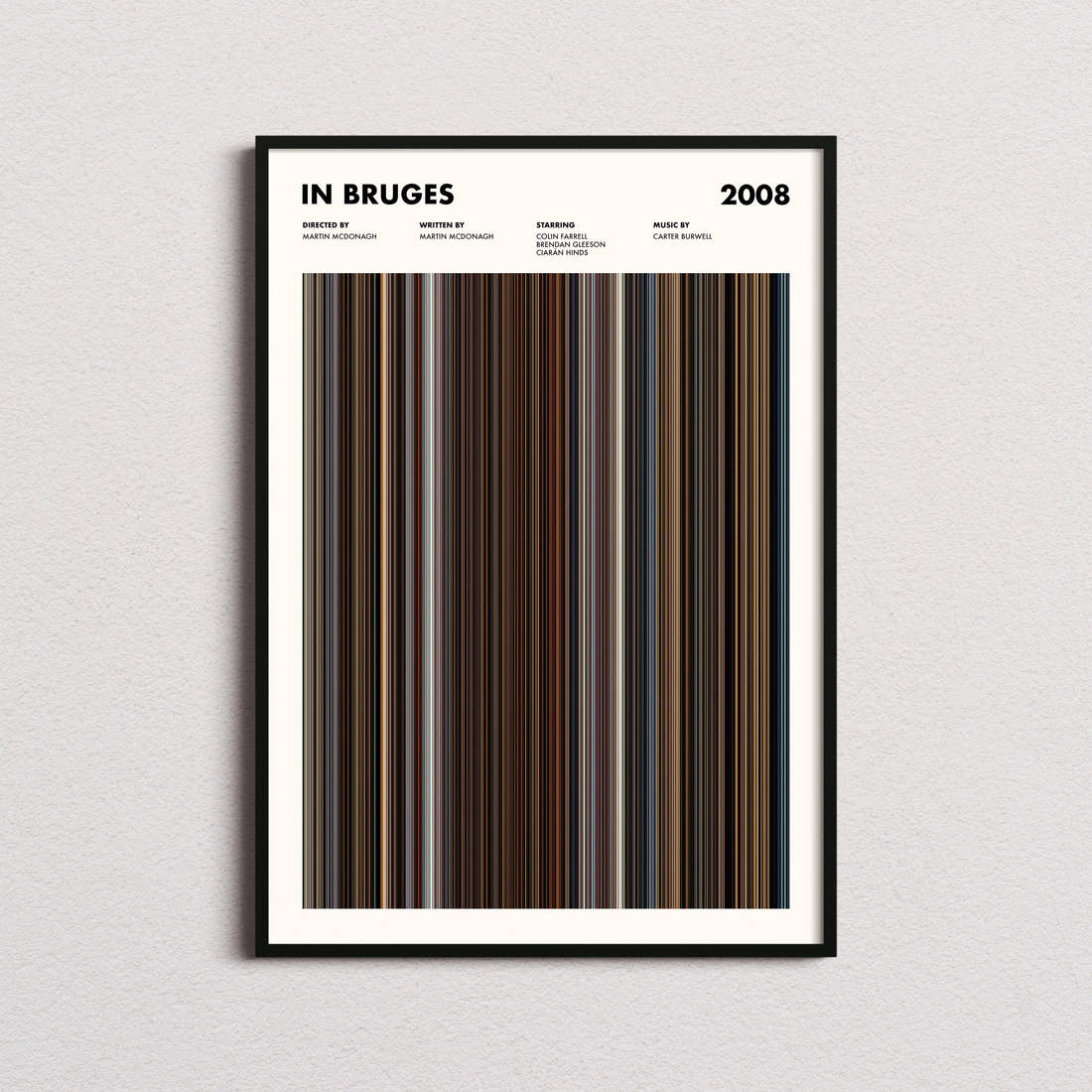 In Bruges Movie Barcode Poster framed on a plain studio wall