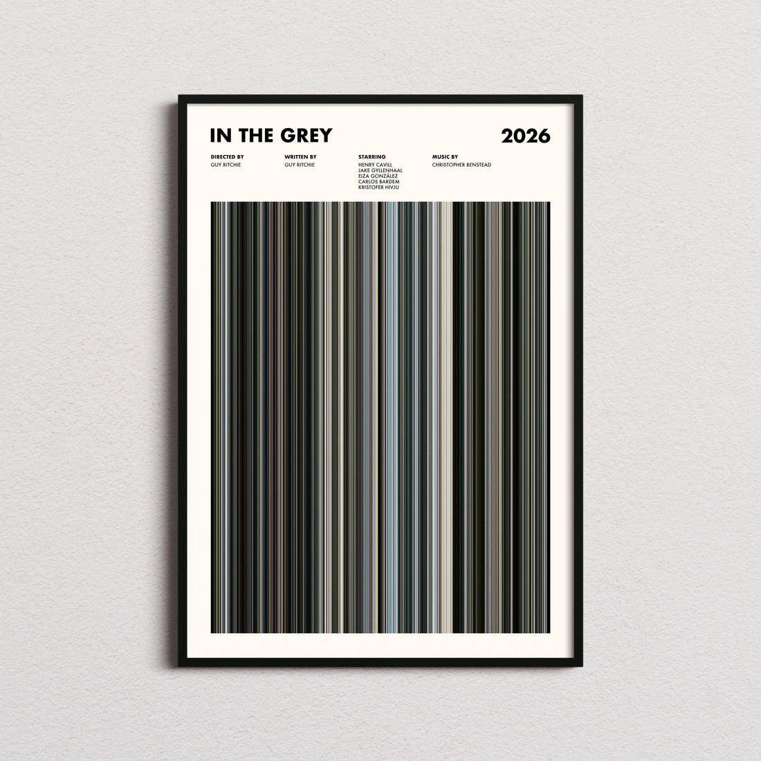 In the Grey Movie Barcode Poster framed on a plain studio wall