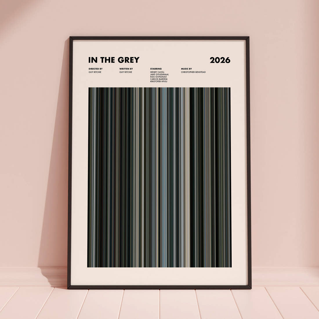 In the Grey Movie Barcode Poster framed and leaning against a coloured wall