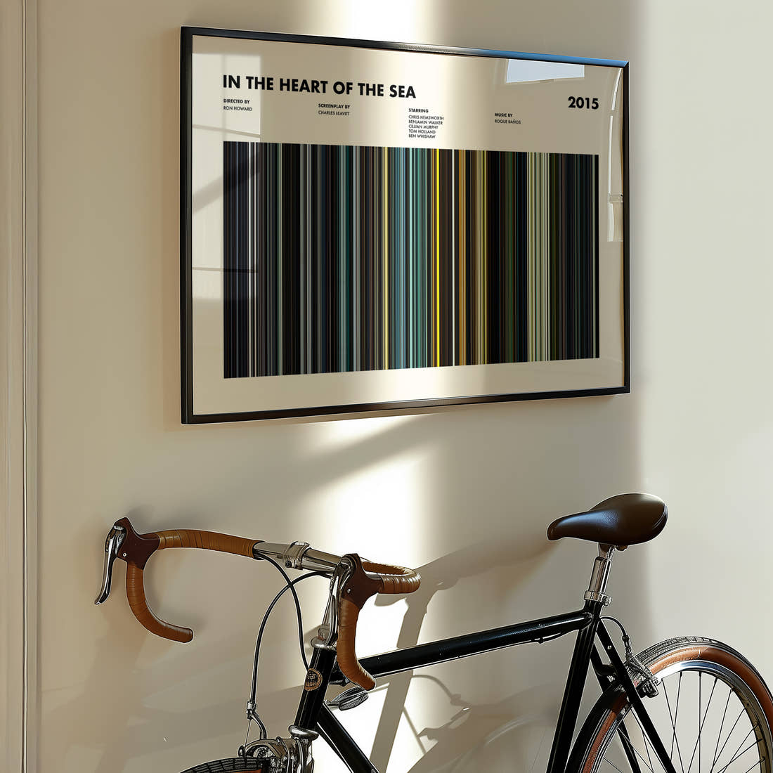 In the Heart of the Sea Movie Barcode Poster framed on the wall of a styled room setting