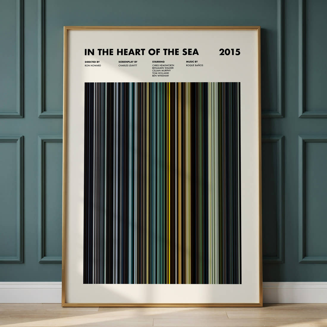 In the Heart of the Sea Movie Barcode Poster framed and leaning against a panelled wall