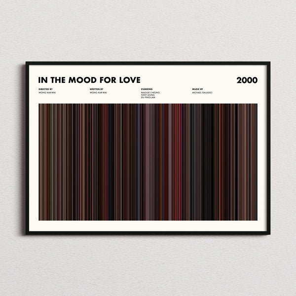 In The Mood For Love Movie Barcode Poster framed and photographed straight on