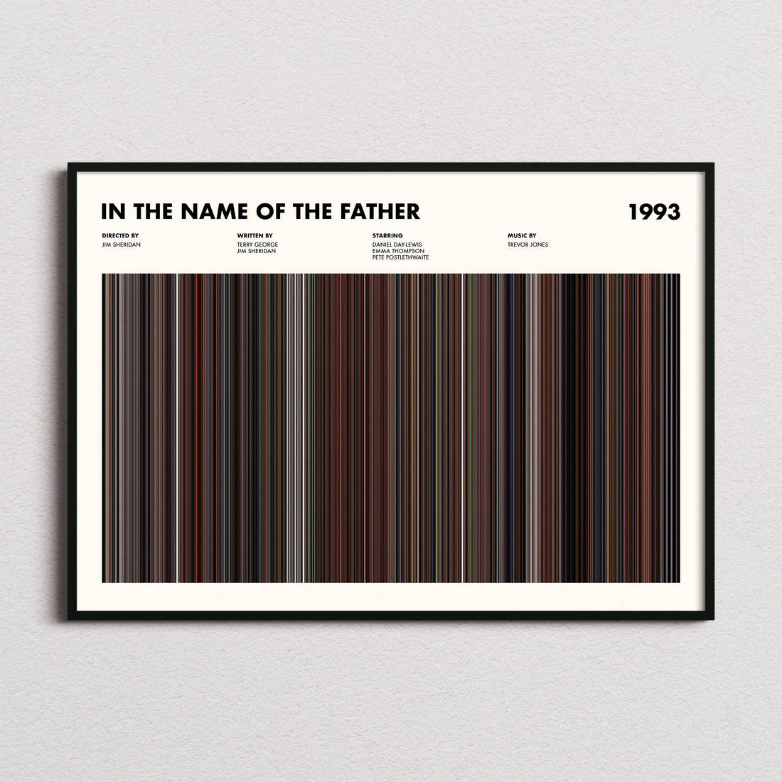 In The Name Of The Father Movie Barcode Poster framed and photographed straight on