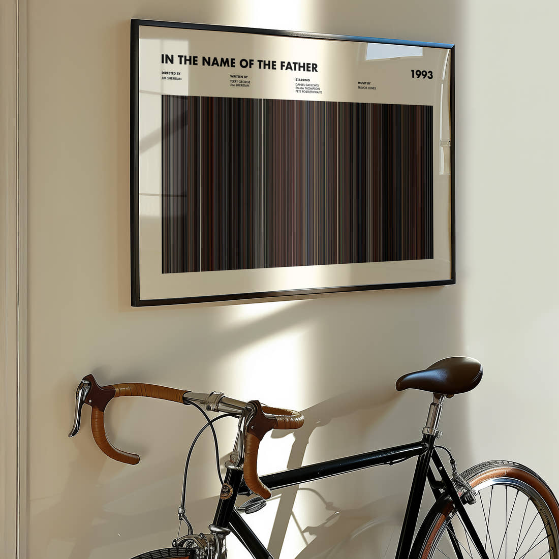 In The Name Of The Father Movie Barcode Poster framed on the wall of a styled room setting