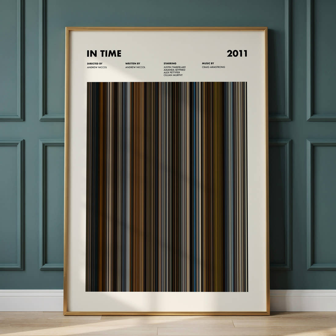 In Time Movie Barcode Poster framed and leaning against a panelled wall