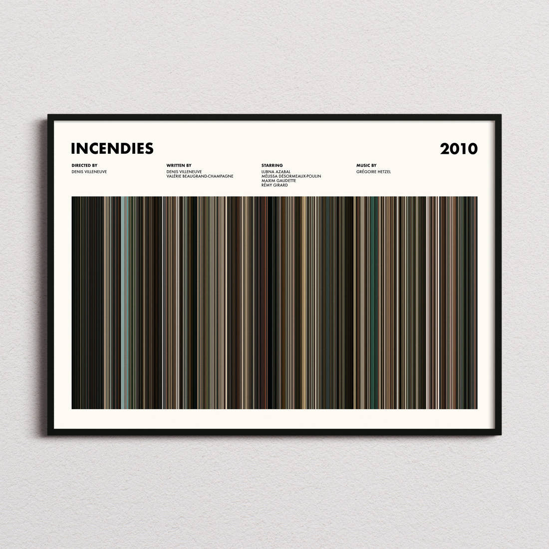 Incendies Movie Barcode Poster framed and photographed straight on