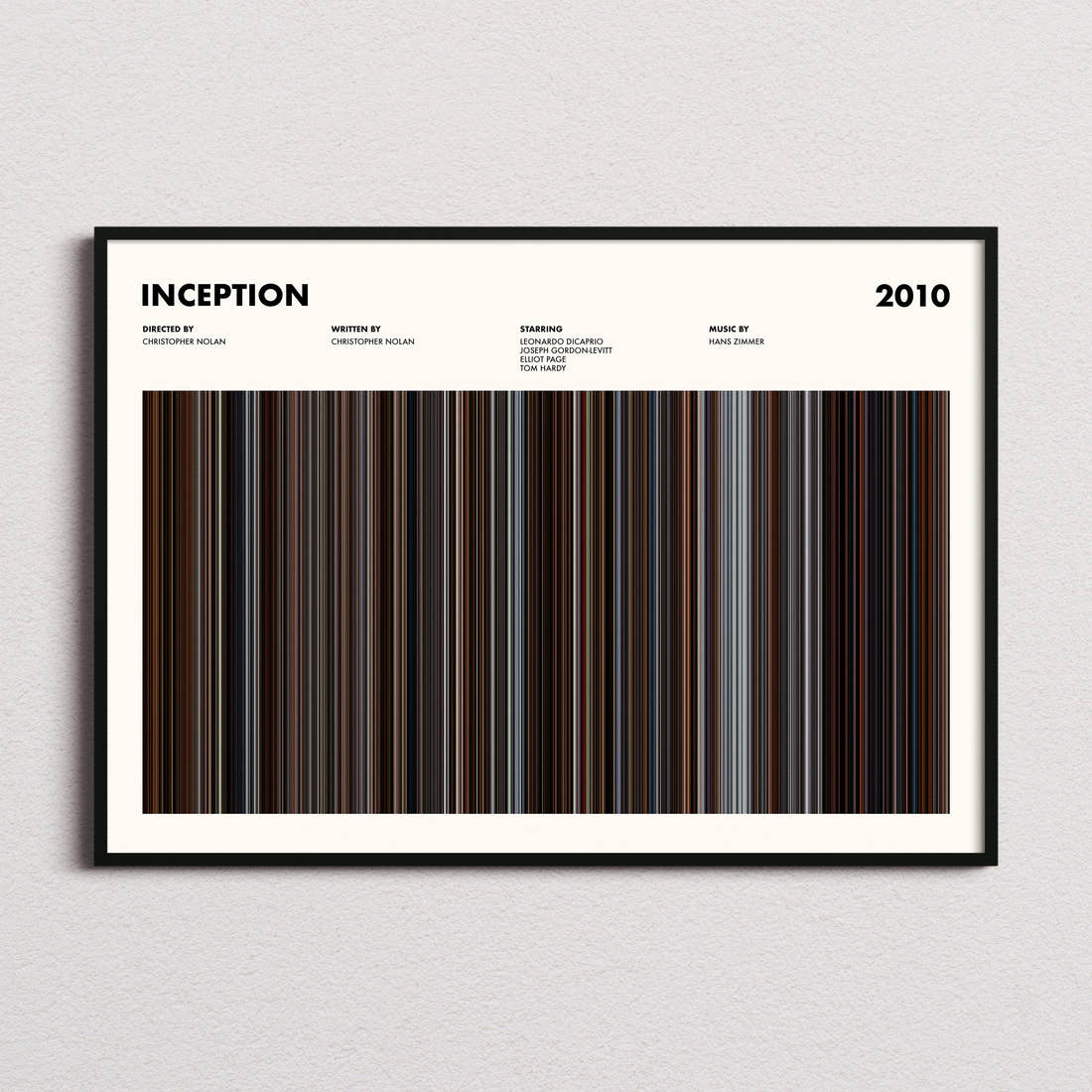 Inception Movie Barcode Poster framed and photographed straight on