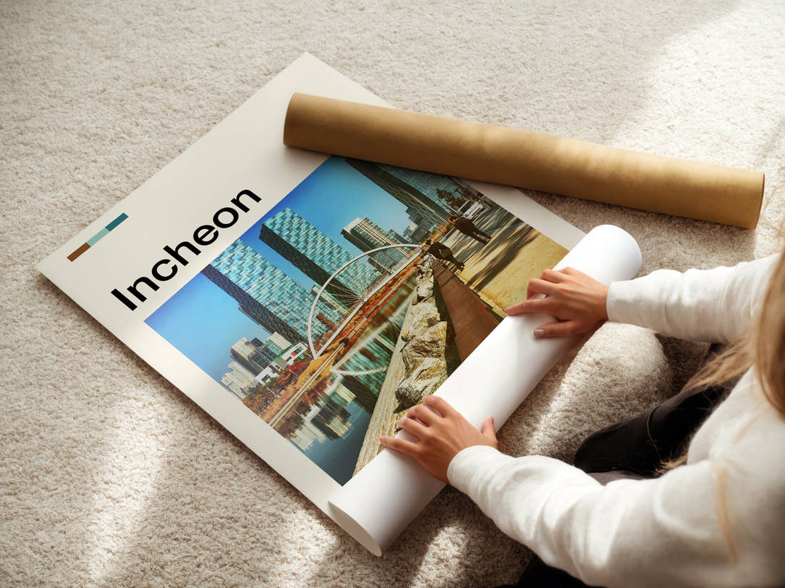 Incheon Arched Footbridge And Towers Travel Print being unrolled from its postal tube