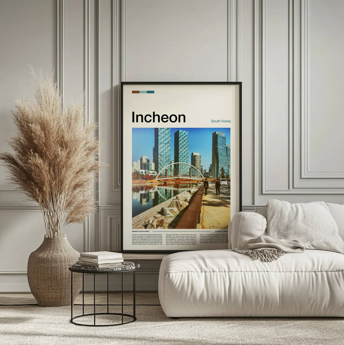 Incheon Arched Footbridge And Towers Travel Print framed on the wall of a calm, neutral bedroom
