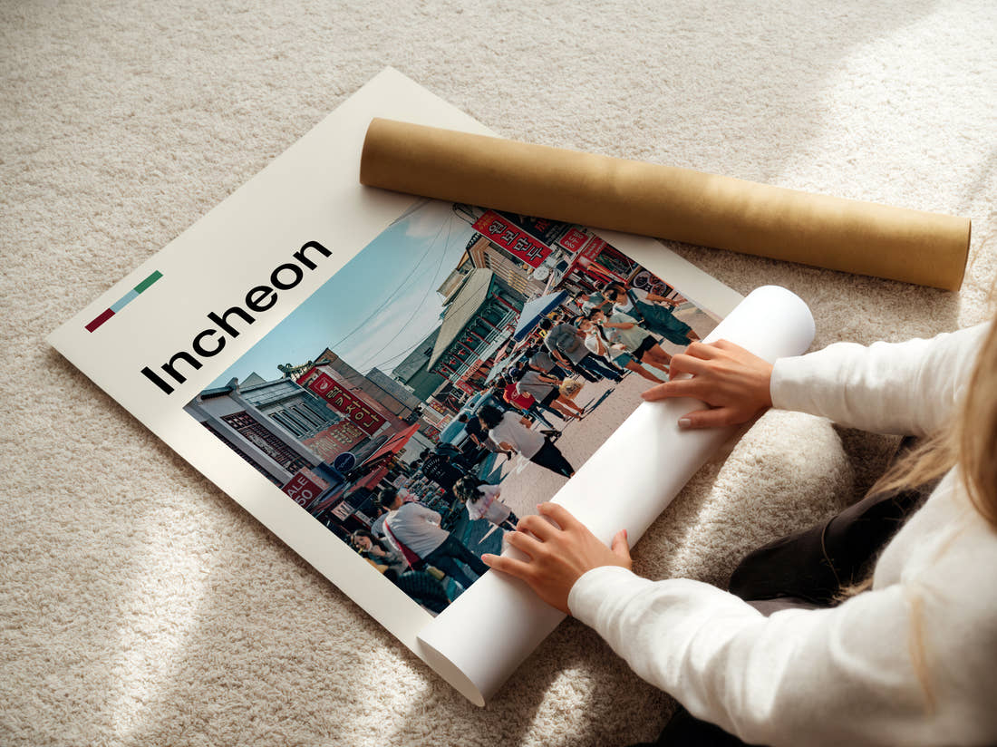 Incheon Busy Market Street Travel Print being unrolled from its postal tube