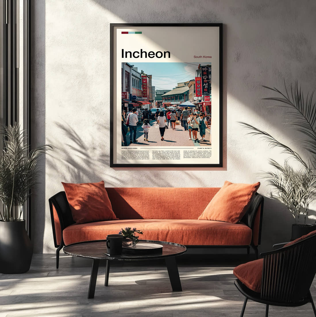 Incheon Busy Market Street Travel Print framed on the wall of a modern living room