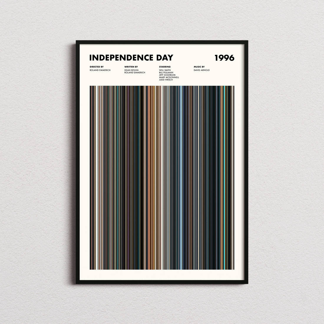 Independence Day Movie Barcode Poster framed on a plain studio wall
