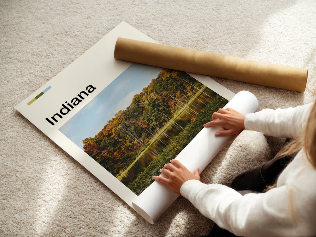 Indiana Autumn Forest By Lake Travel Print being unrolled from its postal tube