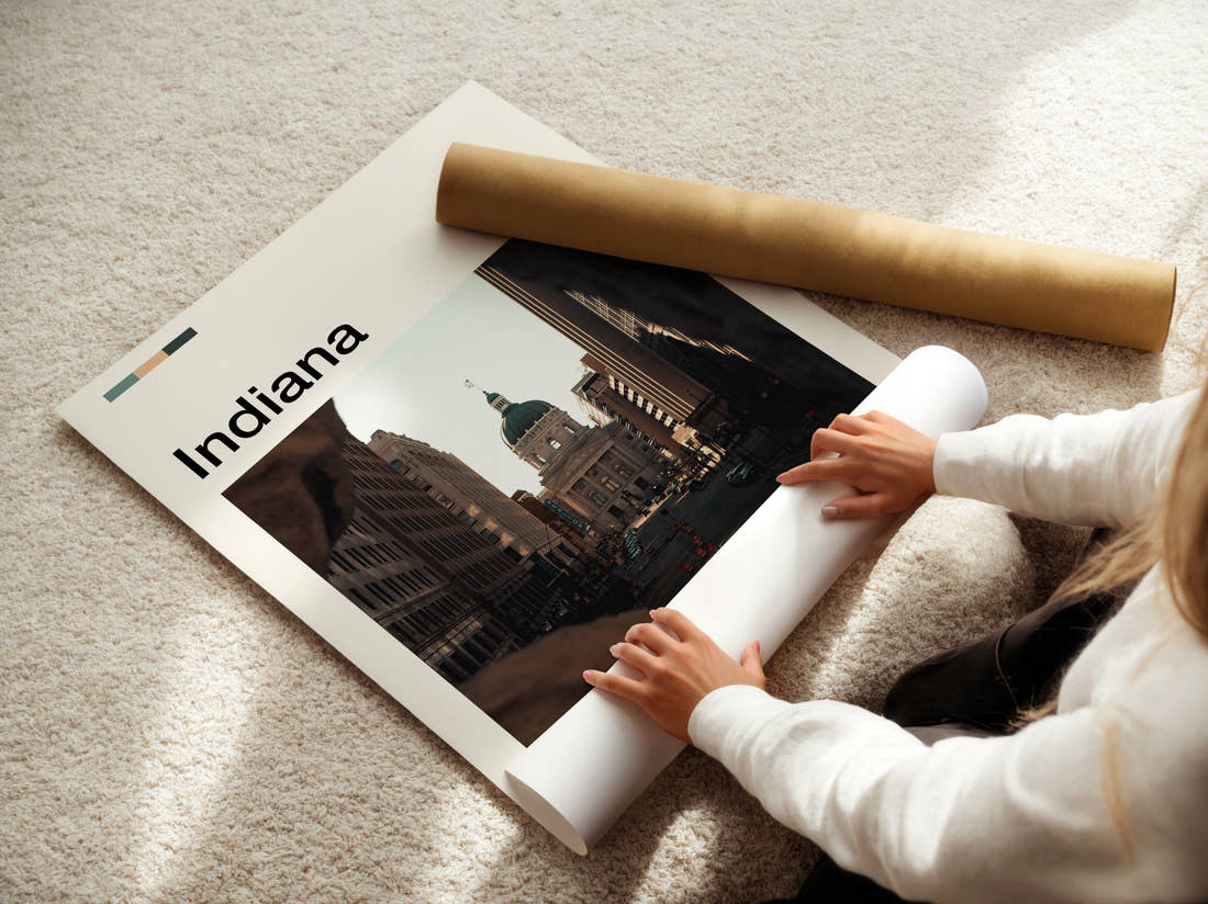 Indiana State Capitol Building Travel Print being unrolled from its postal tube