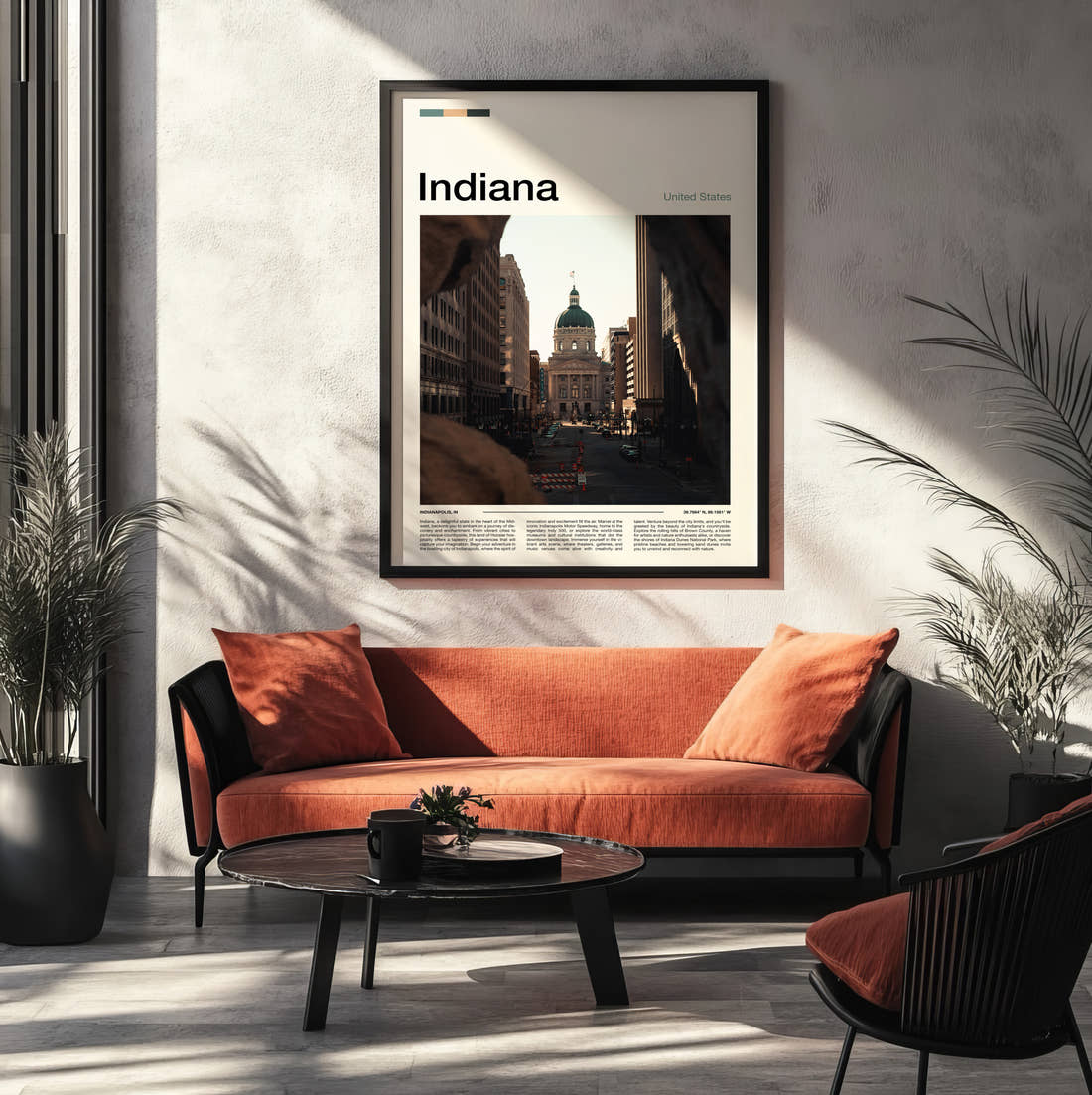 Indiana State Capitol Building Travel Print framed on the wall of a modern living room