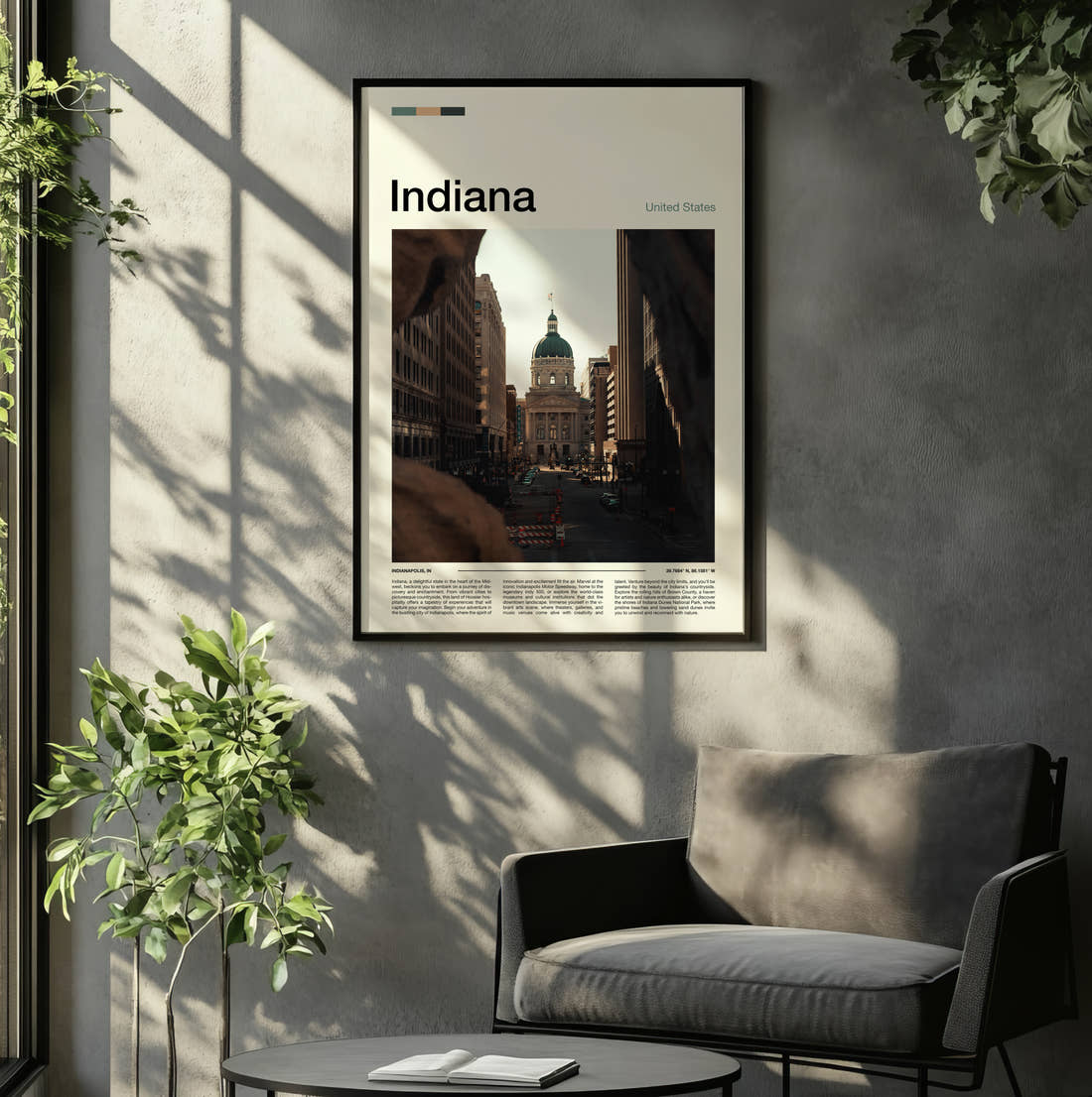 Indiana State Capitol Building Travel Print framed on the wall of a relaxed living room