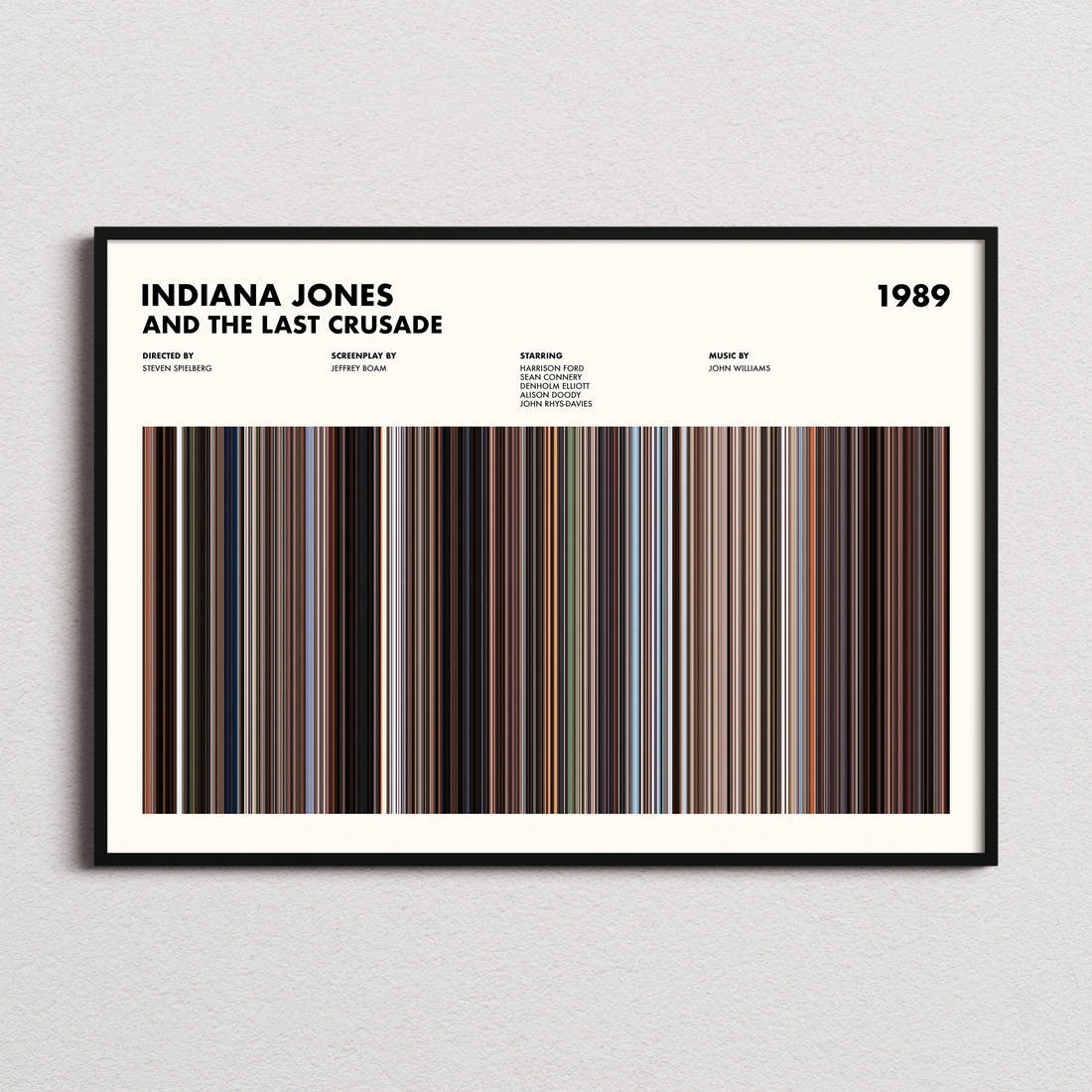 Indiana Jones and the Last Crusade Movie Barcode Poster framed and photographed straight on