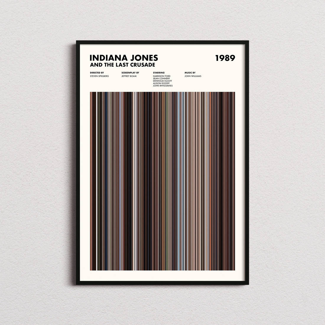 Indiana Jones and the Last Crusade Movie Barcode Poster framed on a plain studio wall