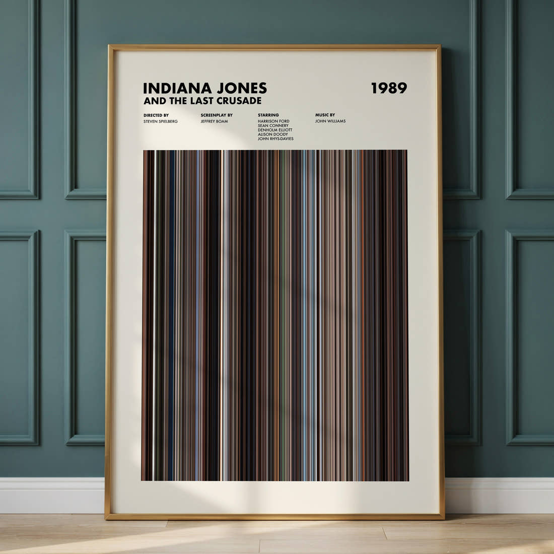 Indiana Jones and the Last Crusade Movie Barcode Poster framed and leaning against a panelled wall