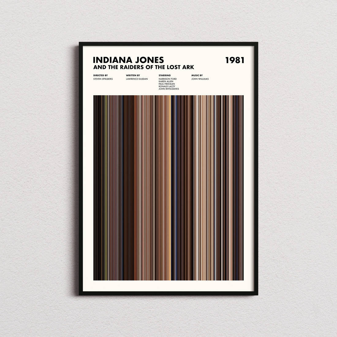 Indiana Jones and the Raiders of the Lost Ark Movie Barcode Poster framed on a plain studio wall