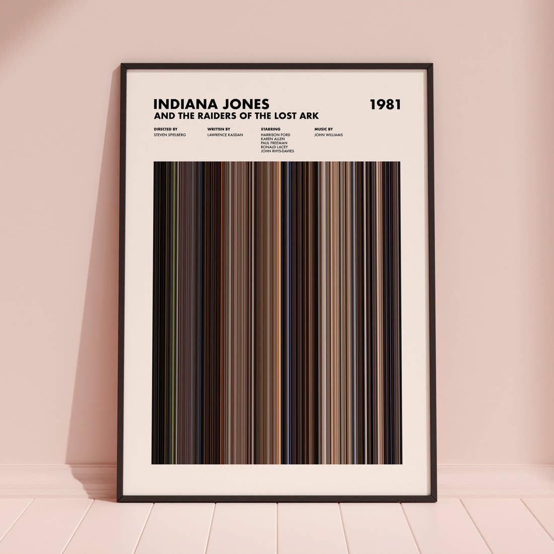 Indiana Jones and the Raiders of the Lost Ark Movie Barcode Poster framed and leaning against a coloured wall
