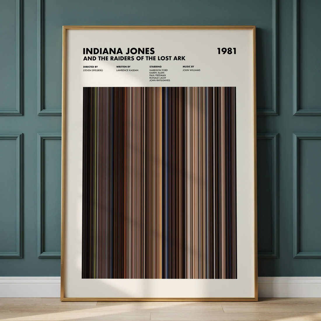 Indiana Jones and the Raiders of the Lost Ark Movie Barcode Poster framed and leaning against a panelled wall