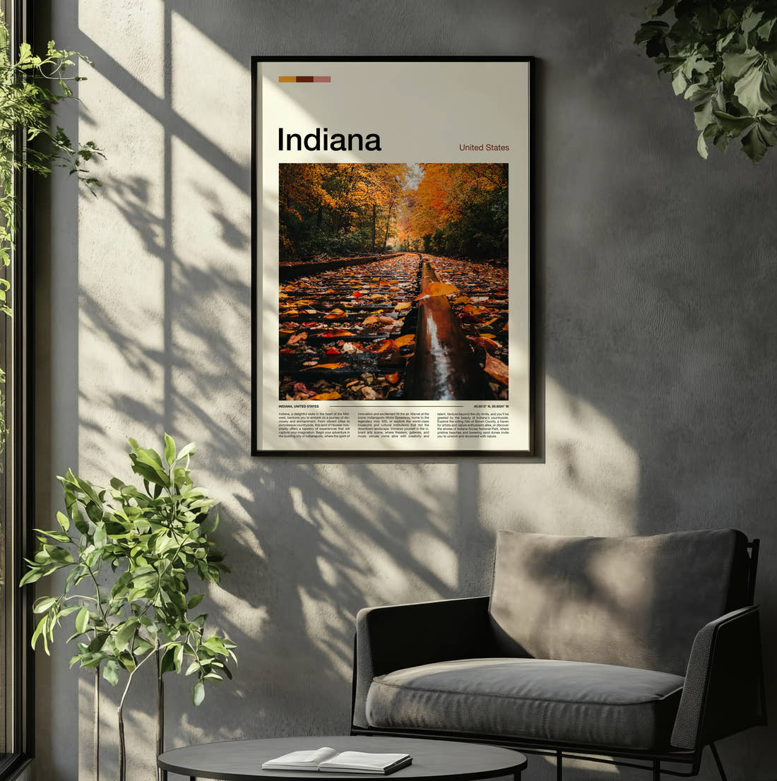 Indiana Autumn Leaves On Tracks Travel Print framed on the wall of a relaxed living room