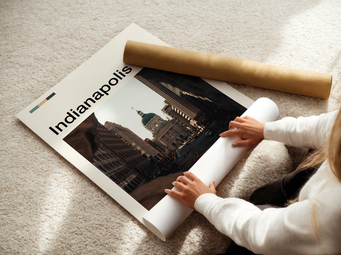 Indianapolis State Capitol Building Travel Print being unrolled from its postal tube