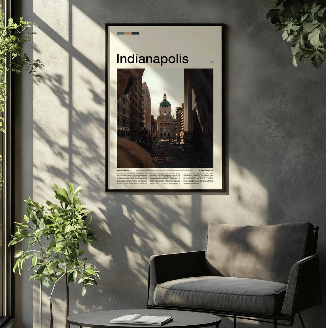 Indianapolis State Capitol Building Travel Print framed on the wall of a relaxed living room