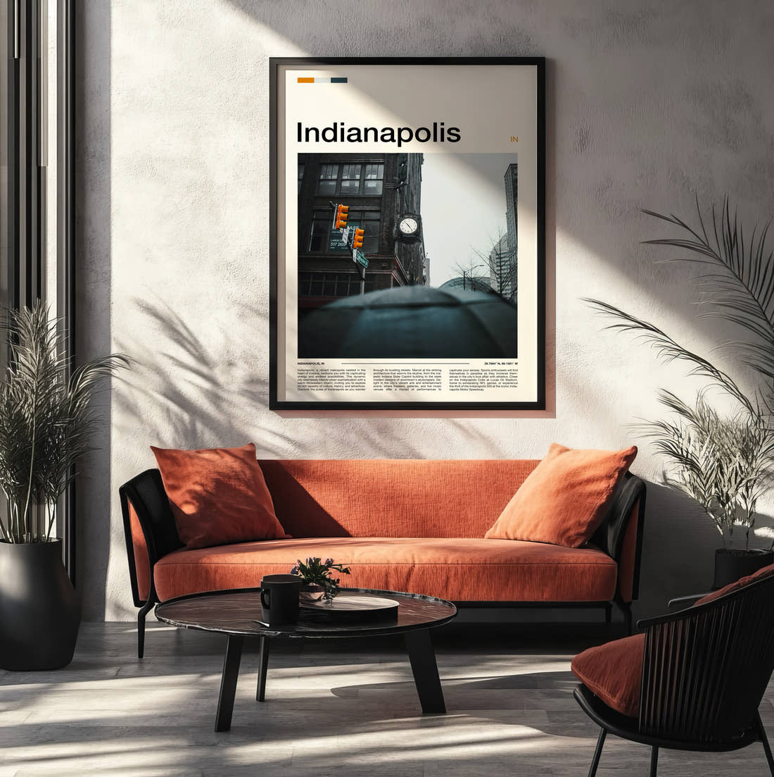 Indianapolis Street Corner Clock Travel Print framed on the wall of a modern living room