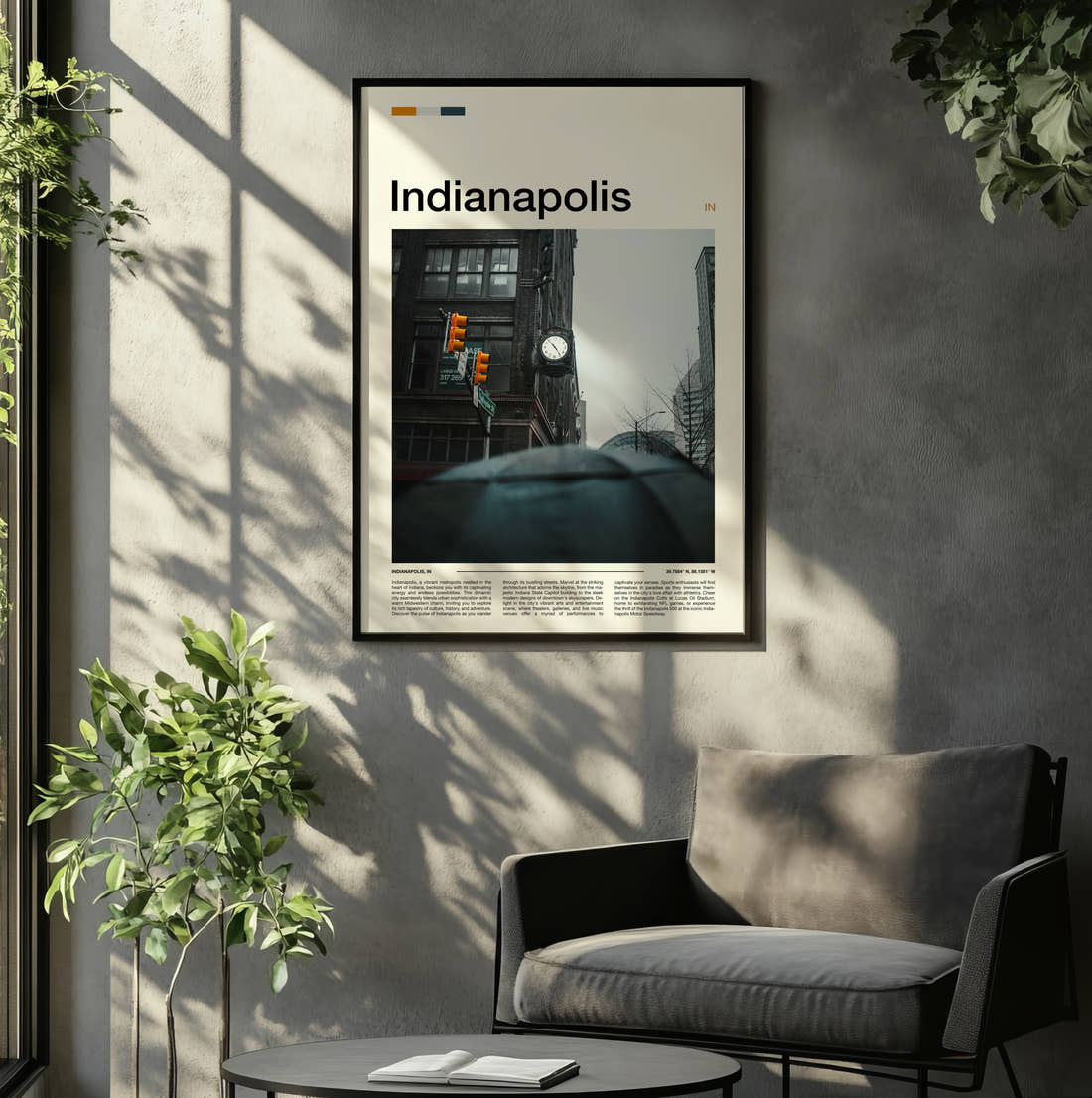 Indianapolis Street Corner Clock Travel Print framed on the wall of a relaxed living room