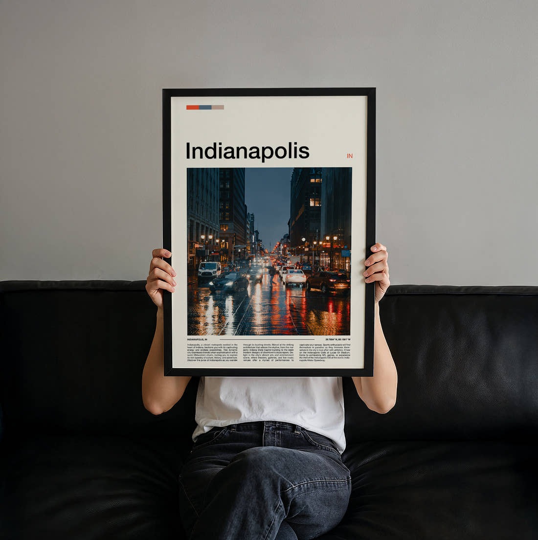 Indianapolis Rainy Street At Dusk Travel Print held up by hand to show the size of the print