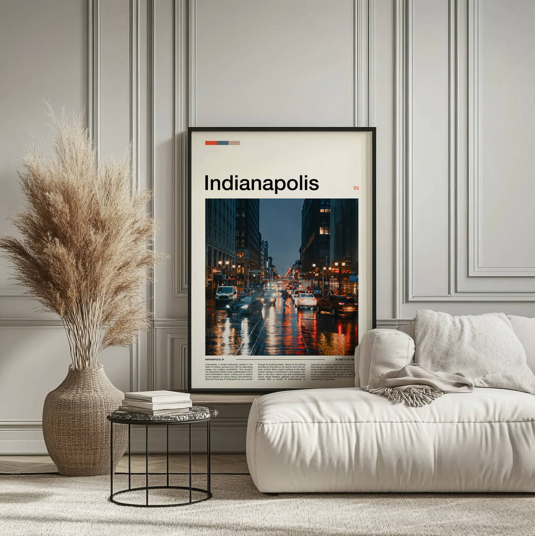Indianapolis Rainy Street At Dusk Travel Print framed on the wall of a calm, neutral bedroom