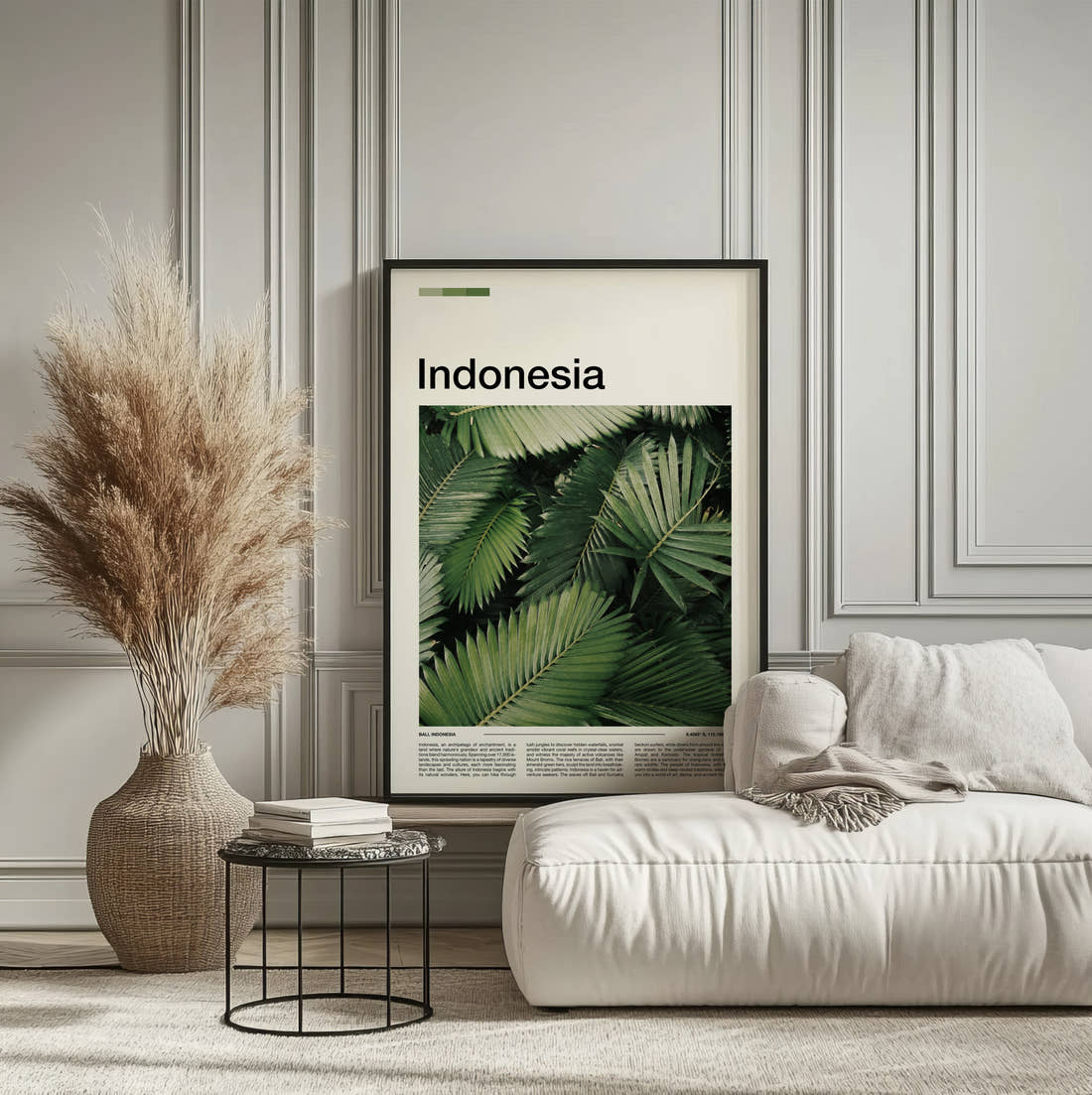 Indonesia Palm Leaves Travel Print framed on the wall of a calm, neutral bedroom