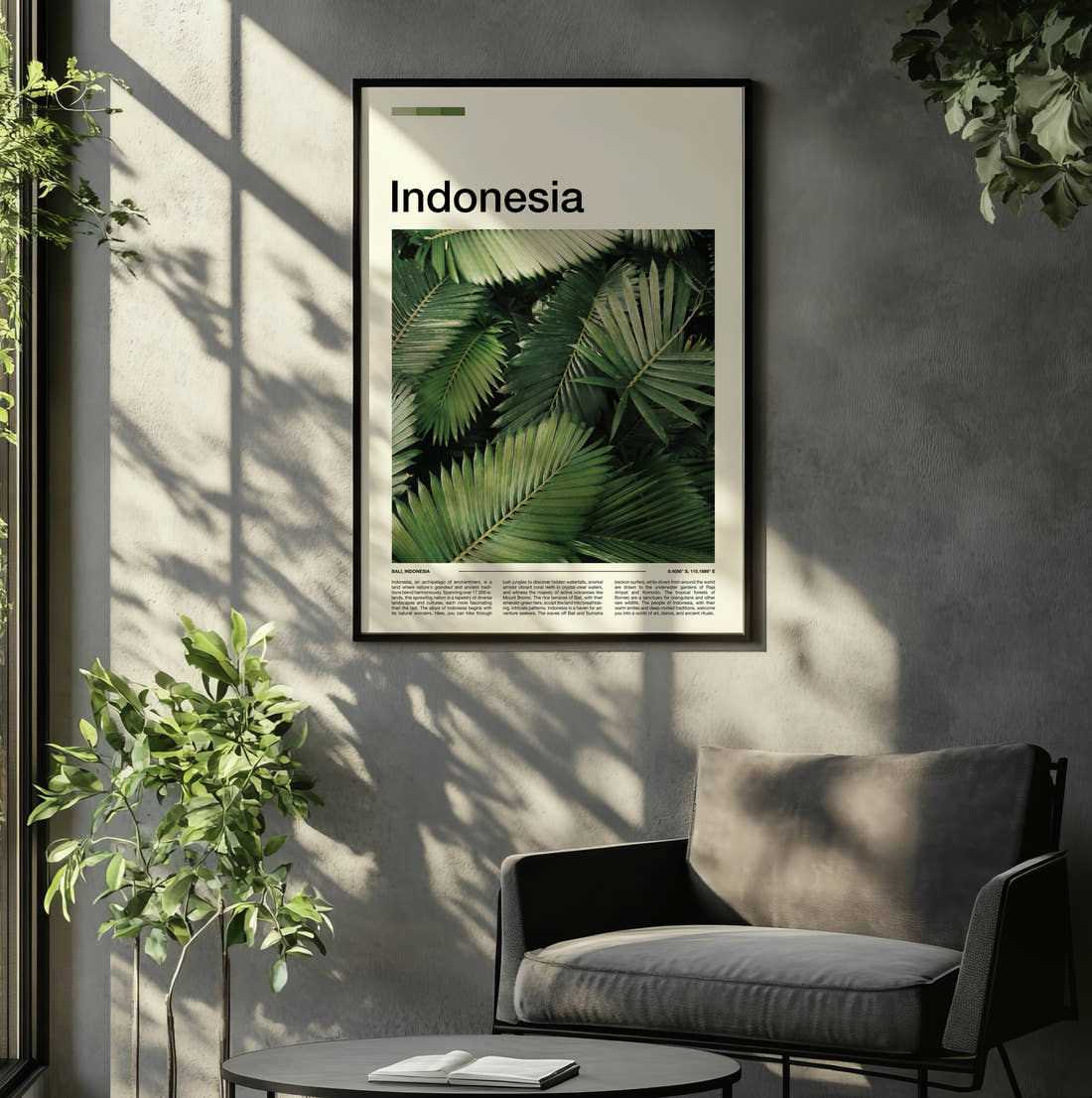 Indonesia Palm Leaves Travel Print framed on the wall of a relaxed living room