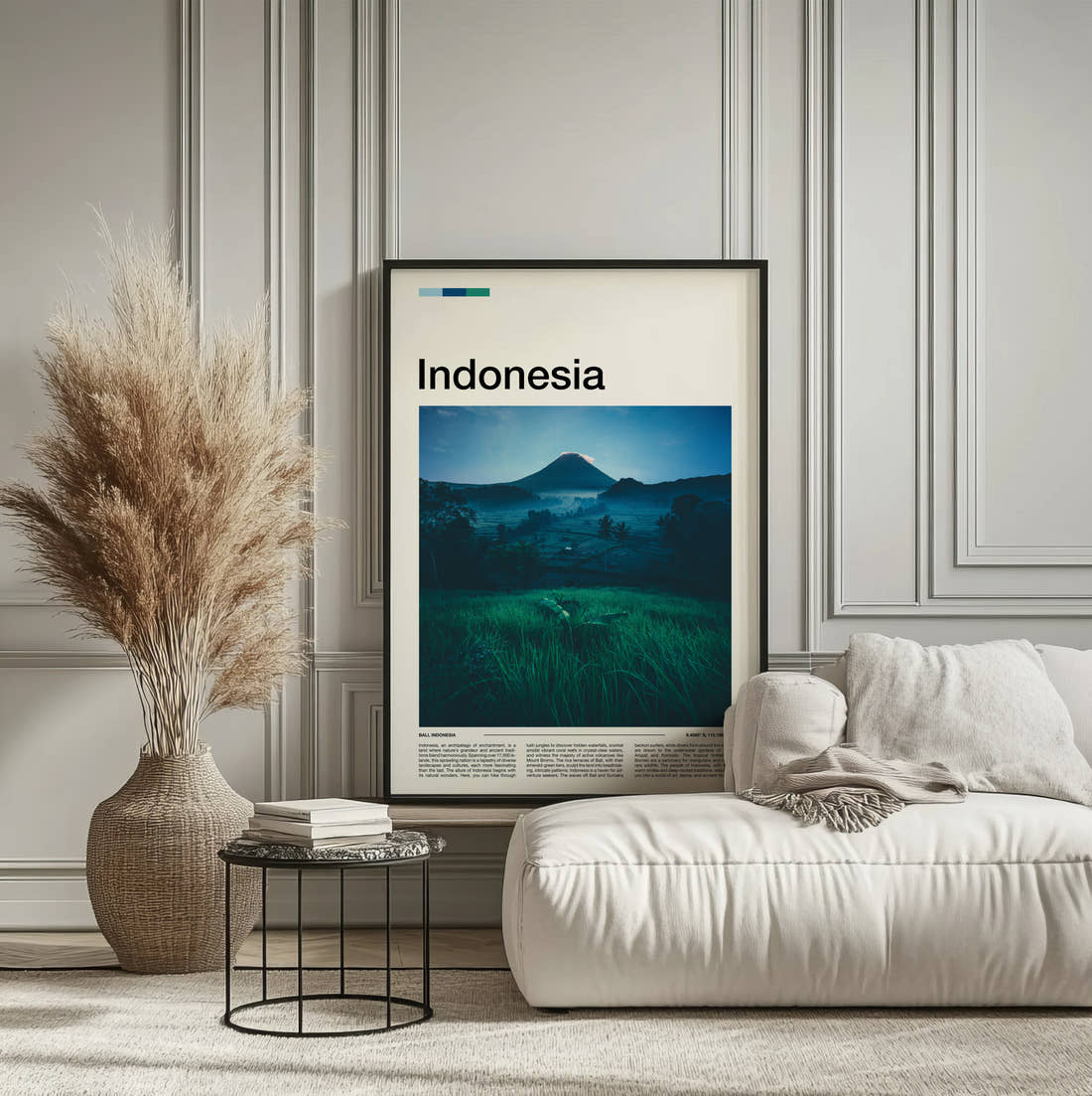Indonesia Volcano At Dusk Travel Print framed on the wall of a calm, neutral bedroom